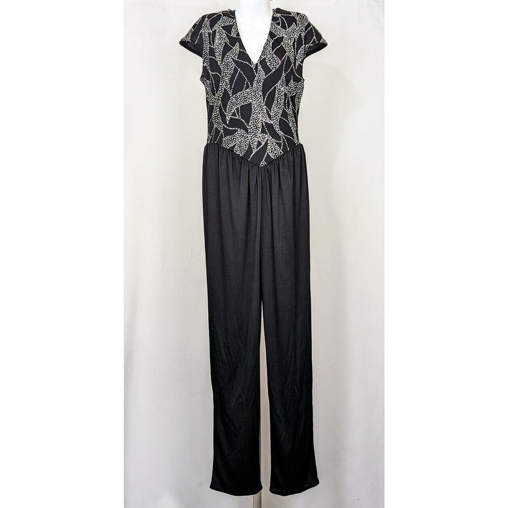 Vintage 70s 80s Jumpsuit Black Silver Embellished Women's Size 11/12